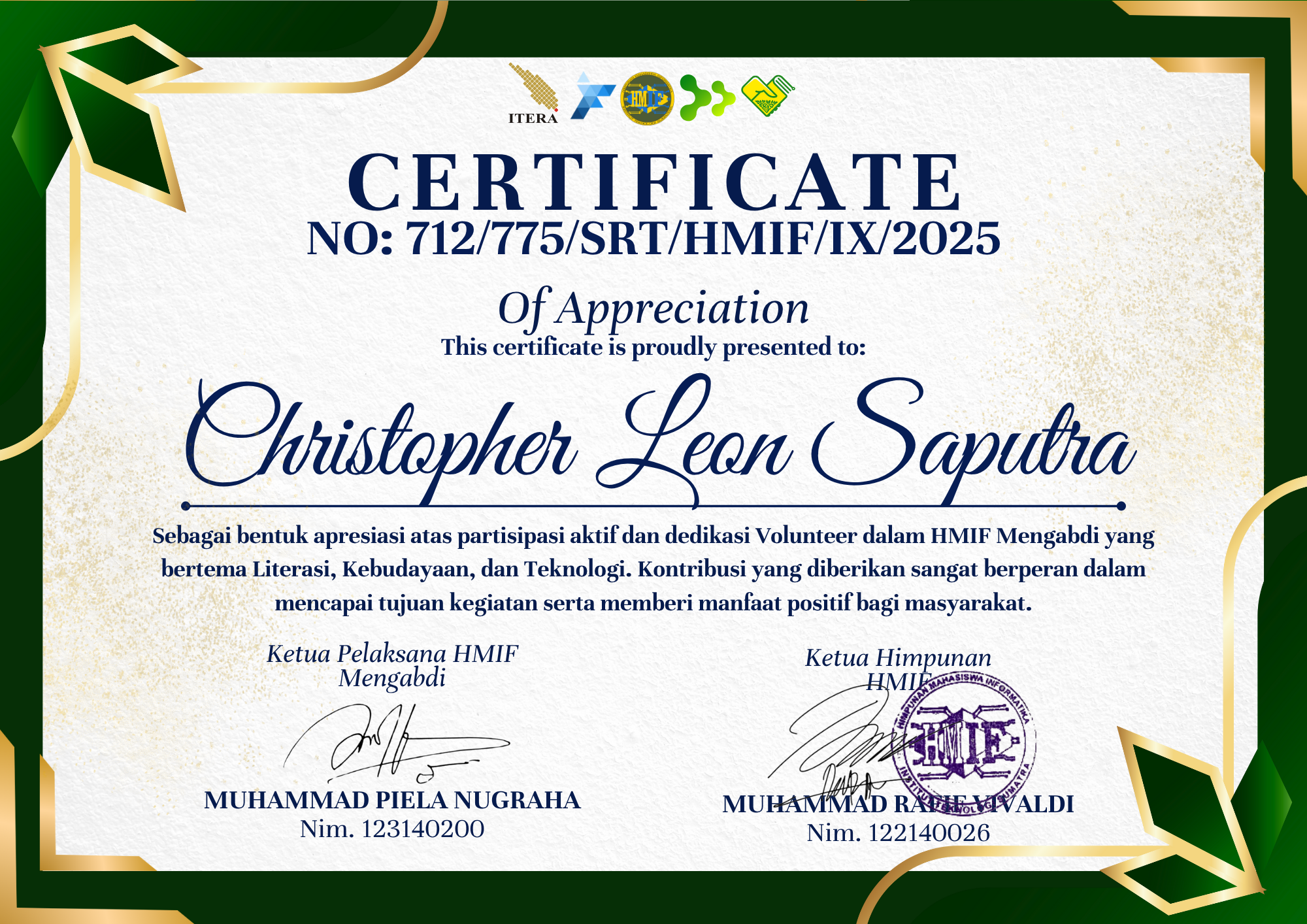 Certificate: Volunteer – HMIF Mengabdi